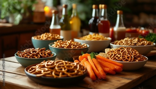 A wooden table filled with various snacks like pretzels and crackers, vegetables such as carrots, and drinks in bottles arranged around the table for a casual gathering or meal.