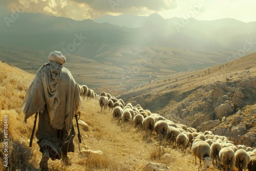 A man is herding a large flock of sheep. Suitable for agricultural concepts
