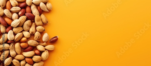 A copy space image features dried peanuts in shells arranged on a vibrant painted background