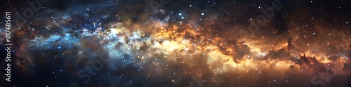 Panoramic astrophotography of visible Milky Way galaxy. Stars, nebula and stardust at night sky