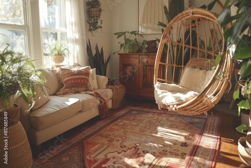 Earthy boho living room featuring a rattan hanging chair.