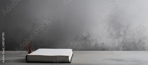 Copy space image of a book mockup displayed against a backdrop of gray