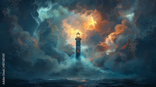 A lighthouse stands tall, illuminated by a dramatic sky filled with swirling clouds and intense light, guiding ships through turbulent seas. 