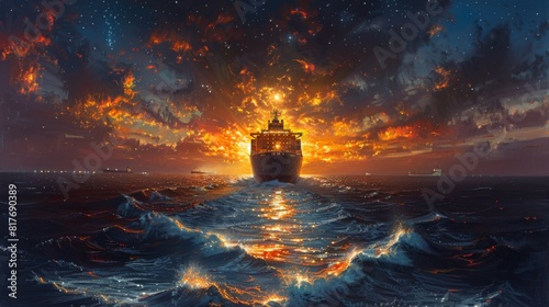 Depict a container ship illuminated by the soft glow of moonlight as it sails through the darkness of night, with