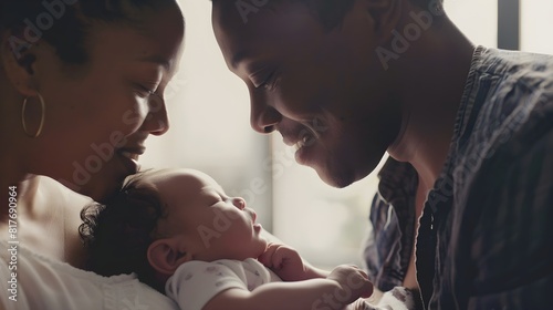 Diverse parents admiring baby after giving birth