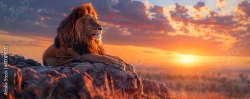 A majestic lion resting on a rocky outcrop, surveying its kingdom under a brilliant sunset