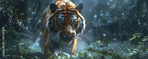 A majestic tiger prowling through a misty, enchanted jungle illuminated by bioluminescent plants