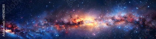 Panoramic astrophotography of visible Milky Way galaxy. Stars, nebula and stardust at night sky