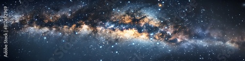 Panoramic astrophotography of visible Milky Way galaxy. Stars, nebula and stardust at night sky