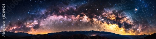 Panoramic astrophotography of visible Milky Way galaxy. Stars, nebula and stardust at night sky