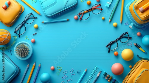 Lesson plan flat design top view learning theme 3D render Complementary Color Schemel,