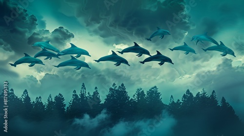 Shiny Teal Stratus Clouds Shaped Like Dolphins Leaping Above a Misty Forest at Dawn