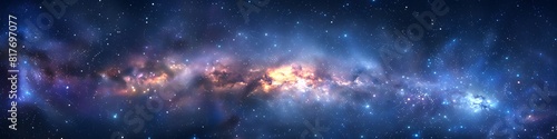 Panoramic astrophotography of visible Milky Way galaxy. Stars, nebula and stardust at night sky