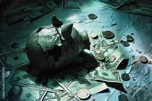A piggy bank broken open resting on top of a heap of coins and dollar bills