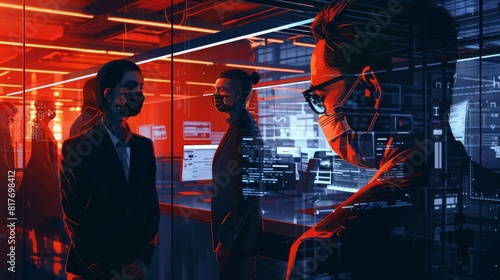 A user switching masks between a regular employee and an administrator in a hightech office, deceitful and dramatic, cyberpunk, illustration