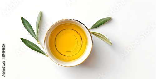 Minimalistic Top View of Olive Oil in a Bowl with Fresh Leaves. Simple, Clean Design for Culinary Themes. Ideal for Healthy Eating Concepts. AI