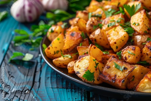 Browned hashed potatoes on blue table close up view