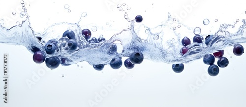 A white background copy space image showcases organic blueberries submerging in water alongside air bubbles