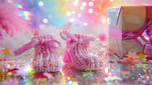 Pink Knitted Baby Booties Dance Among Confetti