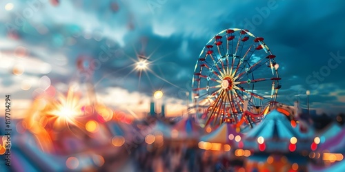 Fun-filled carnival with a variety of colorful rides and games for all ages to enjoy. Concept Carnival Attractions, Colorful Rides, Games for All Ages, Family Fun, Festive Atmosphere