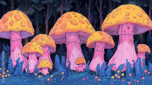 Group of Pink and Yellow Mushrooms in Forest