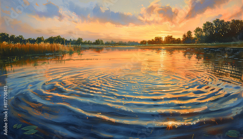 Calming rhythms of a reflective lake at sunset, the water shimmering with warm hues