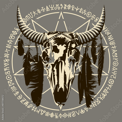 Vector illustration with a horned cow or bull skull with crow feathers, pentagram, occult and witchcraft signs. The symbol of Satanism Baphomet and magic runes written in a circle