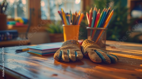 A symbolic image of a child's dusty work gloves replaced by a shiny new set of school supplies on a clean desk