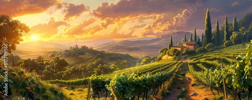 Rustic vineyard scene at sunset