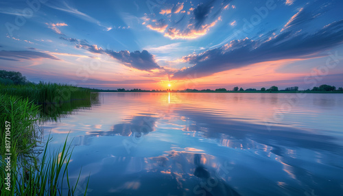 Peaceful rhythms of a lake at sunset, with reflective water and soft colors in the sky