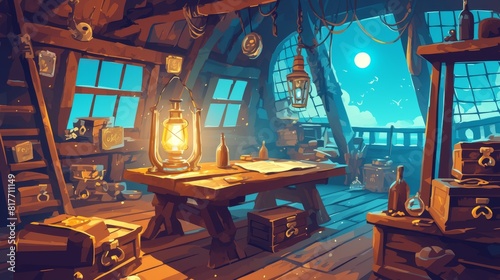 Interior of pirate cabin with treasure on ship at night. Old wooden boat deck with captain's table, chest, and rum bottle for CORSAIR adventure game. Buccaneer antique place interface.