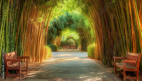 Calming rhythms of a secluded walkway through vibrant bamboo groves, dappled sunlight enhancing the peaceful scene