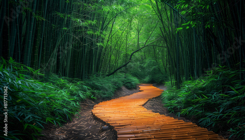 Calming rhythms of winding trails through serene bamboo forests, the quiet atmosphere perfect for reflection