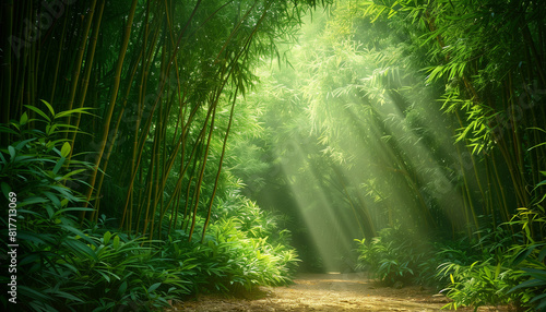 Tranquil paths through bamboo groves, with sunlight streaming through the dense foliage, creating a serene ambiance