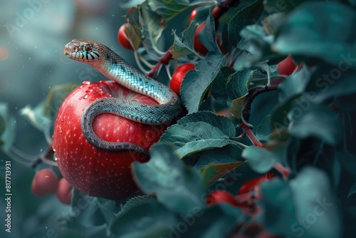 Snake in a apple tree next to a red apple representing original sin