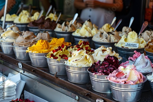 A traditional gelato vendor cart in Italy with a variety of ice cream flavors in metal tubs. Colorful ice cream display