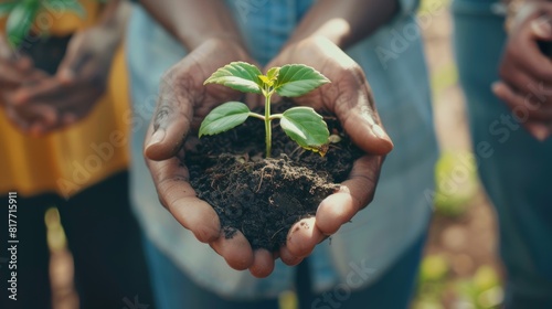 Teamwork, sustainability, and climate change charity for plants, people, and hands. Environment, community, and ngo volunteers' dirt, sand, and nature with leaf growth.