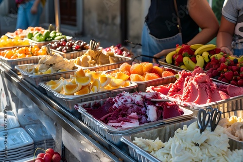 A traditional gelato vendor cart in Italy with a variety of ice cream flavors in metal tubs. Colorful ice cream display