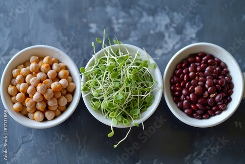 Variety of beans and sprouts top view Red beans lentils chickpeas soybeans Healthy vegan protein sources