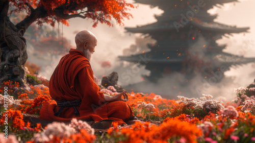 Old monk meditates surrounded by blooming flowers and ancient maple trees against backdrop of ethereal temple. An adult and experienced monk sits and practices meditation. Faith and religion concept.