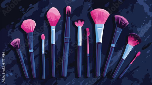 Set of beautiful makeup brushes on dark background Vector