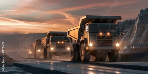 Coal dump trucks at an opencut coal mine. Concept Heavy machinery, Mining operations, Opencut excavation, Coal extraction, Industrial equipment