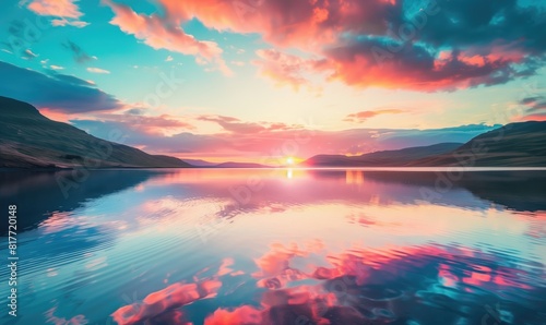 Vibrant sunset over serene lake early in the morning with beutiful reflection in still water