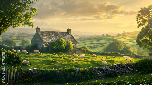 A tranquil scene of a picturesque Irish countryside bathed in the soft light of dawn, with rolling green hills, grazing sheep, and a quaint stone cottage nestled among the landscape.