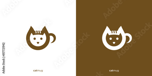 Coffee Cat Logo Design. Cat Head ora Cat Face and Coffee Cup, Tea, Mug. Cafe and Resto Logo, Icon, Symbol, Vector, Design Template.