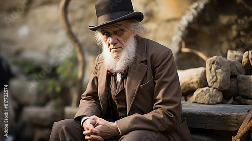 Historical Portrait of Elderly Man in Traditional Suit and Bowler Hat Sitting Outdoors