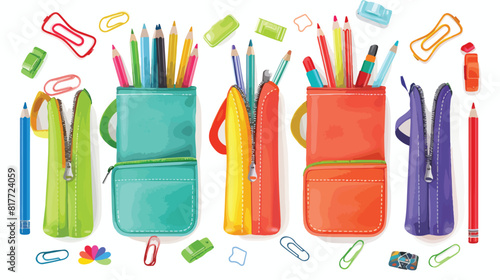 Set of pencil cases with school supplies isolated on