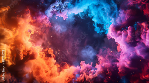 A colorful cloud of smoke with a blue and purple swirl in the middle. The smoke is bright and vibrant, giving off a sense of energy and excitement. The colors are bold and eye-catching.