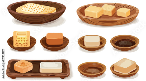 Set of wooden soap dishes isolated on white background