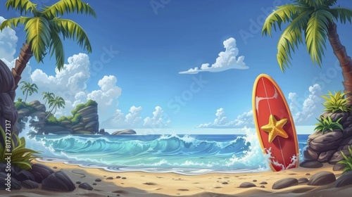 Playful beach holiday scene with essentials and surfboard, perfect for surf shop promotional materials.